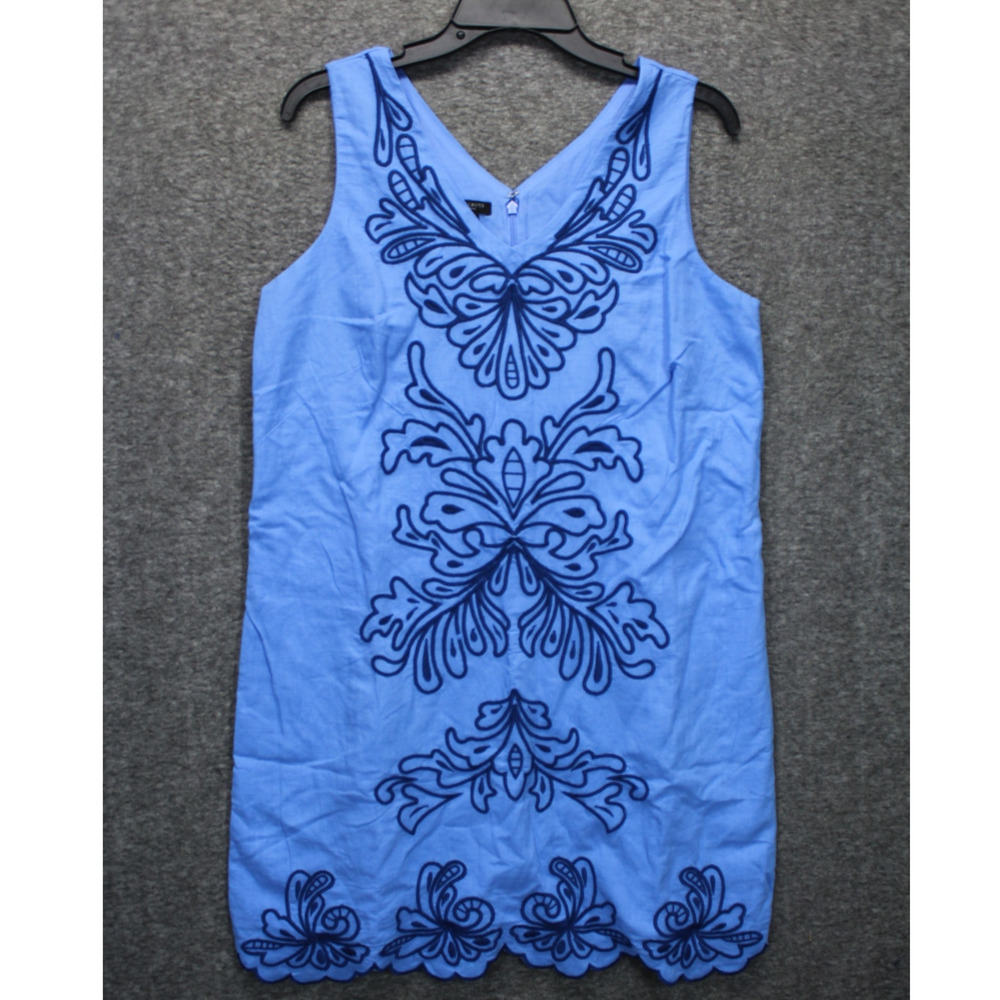 Talbots Petite Linen Cotton Shift Dress Size 12P Intricate Scroll Blue